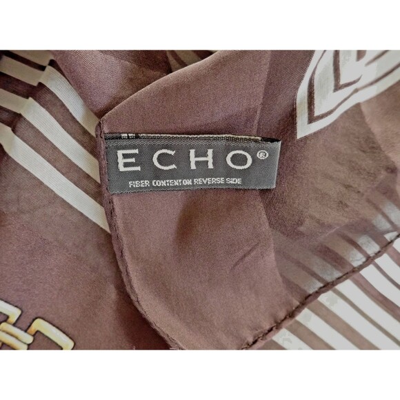 Echo Silk Scarf Brown Gold Chain White Stripe MCM Pattern 35" x 33" Mid Century - Picture 2 of 7